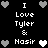 Black background with white and gray pixelated hearts surrounding repeated text reading "I Love Tyler & Nasir" in a pattern