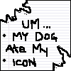 Pixelated black-and-white icon of a lined notepad page with handwritten text and doodles, featuring bullet points and a cursor arrow.