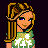 Pixel art contact sheet showing multiple frames of an animated buddy icon with a cartoon girl, body parts, and repeated text elements on dark background.