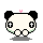 Pixel art panda head with black ears, white face, and green-tinged chin; eyes alternate between white crosses on black squares and yellow crosses on black squares