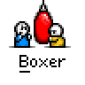 A contact sheet of 11 animated frames showing a pixel art boxer icon with two stick figures and a red punching bag against a gray background.