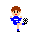 Pixelated character in blue outfit performs kicking motion with black-and-white soccer ball against gray background.