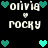 Pixelated text and heart symbols arranged in a pattern on black background, with alternating light and dark teal hearts surrounding the words "olivia" and "rocky."