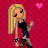 Pixel art of a blonde woman in a black top and blue shorts with a pink heart above her left side and a black heart above her right side.