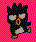 Pixelated cartoon character with spiky dark hair, large eyes, and a brown nose on pink checkered background.