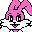 Pixelated pink bunny head with white face and black outlines, showing two sequential expressions against gray background.