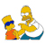 Pixelated cartoon characters Homer and Bart Simpson stand side-by-side, with Bart wearing blue sunglasses and an orange shirt while Homer wears a white shirt and blue pants.
