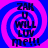 Four identical display a blue and pink spiral background with black text reading "ZAK U WILL LUV me!!!" in pixelated font