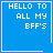 Four blue square with white pixelated text "HELLO TO ALL MY BFF'S" and pink borders, each containing a distinct small symbol in the bottom-right corner
