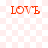 Red 'LOVE' text on a light pink and white checkered background with pixelated edges.