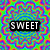 A static image with a psychedelic, multicolored background featuring swirling patterns in green, blue, purple, and red. Three black rectangular text boxes display the words SWEET, AWSOME, and TOTALLY in white capital letters.