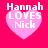 Four identical pink heart-shaped icons with white text "Hannah LOVES Nick" on a bright red background, arranged in a