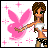 Pixel art animation of a cartoon woman with brown hair and green eyes holding a pink Playboy bunny logo against a white background with pink sparkles.