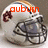 A white football helmet with a brown ram logo and orange stripe, featuring a face mask and red text overlays.