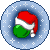 Four circular blue frames with white snowflakes contain identical Santa hats and green ornaments, arranged in a