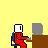 Pixel art animation of a red-suited figure at a desk with gray monitor, showing sequential changes in head position and small yellow dots near the monitor.