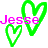 Pixelated static icon featuring pink text "Jesse" overlaid on two green heart outlines against a white background.