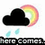 Black cloud with raindrops and a partial rainbow behind it transitions to full rainbow between two clouds.
