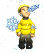 Animated sequence of a character in a yellow striped jacket and dark pants holding a blue snowflake, with snow particles floating around.