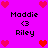 Pixelated icon with bright pink background, red hearts, and text reading 'Maddie <3 Riley' in black font.