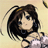 Pixelated anime-style character with dark brown hair, a yellow hair clip, and a light-colored top against a pale yellow background.