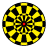 Circular pixelated icon with alternating yellow and black segments forming a radial pattern, centered red square at the core.