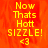 Yellow text on orange background reads 'Now Thats Hott SIZZLE! <3' with a gray rectangle in the bottom right corner.