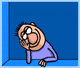 Animated cartoon character in purple shirt leans forward with hand near face, red heart symbols appear and disappear sequentially.