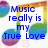 Blue pixelated text reads "Music really is my True Love" over a white background with colorful gradient shapes.
