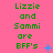 Green text on pink background reads 'Lizzie and Sammi are BFF's' with blue pixelated symbols changing across frames.