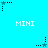 Pixelated blue background with repeated white 'MINI' text and black star icons in various positions, some stars have cyan accents.