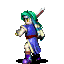 Pixelated character with green hair and blue outfit holding a sword, shown in three poses with slight arm and head position changes.