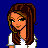 Pixel art contact sheet showing two frames of an animated AIM buddy icon featuring a female character with brown hair and green eyes, one frame displaying text "Innocent" and question marks.