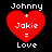Four identical pixelated red heart icons with white text reading "Johnny + Jakie = Love" on a black background, arranged in a