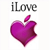 Pixelated icon with 'iLove' text above a purple heart-shaped apple logo on white background.