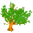 Pixelated green tree with brown trunk on gray background, featuring scattered white and yellow pixels in foliage.