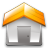 Pixelated house icon with orange roof and gray walls, featuring a central door and two side windows on a gray background.