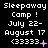 Pixelated text displays "Sleepaway Camp! July 22-August 17 <33333" with animated pink symbols changing across repeated