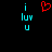 Pixelated cyan text 'i luv u' appears on both sides of a red heart symbol against black background.