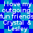 Blue and cyan pixelated background with repeated white text reading "I love my outgoing, fun friends Crystal & Lesley" in a pattern