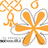 Pixelated orange and gray floral design with four rounded petals, surrounded by abstract curved lines on a white background.