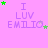 A pink background displays 'I LUV EMILIO' text with green and gray stars moving around the letters.