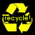 Five colored recycling symbols with 'recycle!' text below each, arranged in two on black background