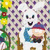A pixelated cartoon character with a white face, blue shirt, and red-and-blue hat stands among purple flowers and yellow sunflowers.
