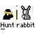 Pixel art icon set with two distinct scenes: a figure holding a sign next to a rabbit and another scene with the same figure next to a duck, all in grayscale with yellow accents.