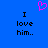 Blue background with black text reading "I love him." on both sides and a pink pixelated heart above center.