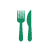 Green fork and knife icon on white circular background with gray border.