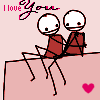 Animated sequence of two stick figures sitting on a pink ledge, holding hands, with 'I love You' text and a pink heart symbol.