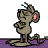 Pixelated cartoon mouse standing on a purple surface with one arm raised, featuring large ears and a long tail against a gray background.