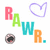 Colorful 'RAW' text with a purple heart outline, an eye icon, and a small cyan square on white background.